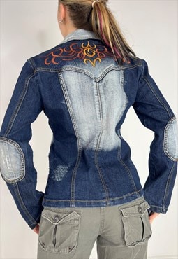 Vintage Y2k Jacket Denim Embroidered Tattoo Pattern Grunge