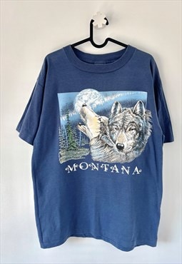 Vintage Montana wolf blue nature animal T-shirt large 