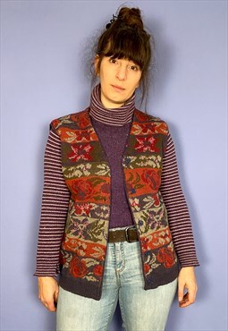 Vintage 90's Bohemian Pattern Knitted Waistcoat - S/M