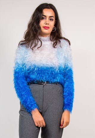 90'S VTG OMBRE DIP DYE BLUE FLUFFY HIGH NECK KNIT JUMPER