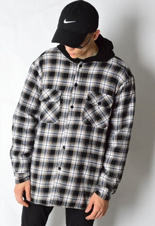 VINTAGE 90S CHECK GRUNGE THICK FLEECE LINING HOODED JACKET