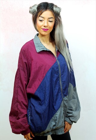 1990S VINTAGE MAROON,BLUE AND DARK GREY SHELL TRACK JACKET