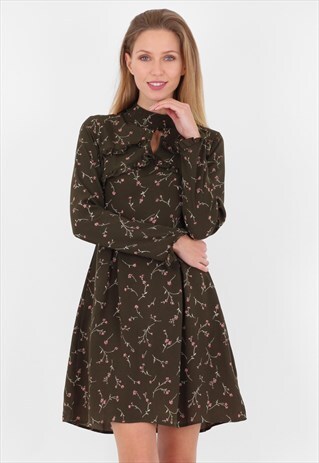 FLORAL PRINT KEYHOLE DETAIL SKATER DRESS