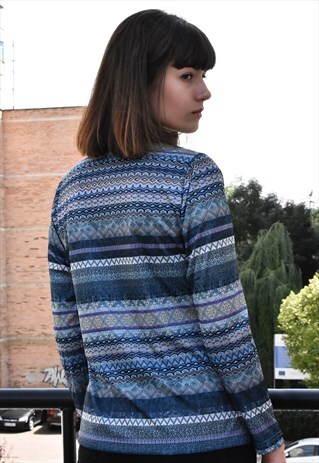 VINTAGE BLUE BLOUSE WITH TRIBAL GEOMETRIC PATTERN