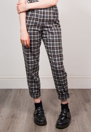 90'S VINTAGE GREY CHECK TAPERED HIGH WAIST TROUSERS