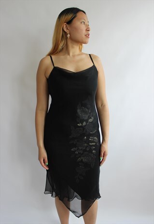 BLACK DRESS WITH ROSES PRINT SHEER DRESS