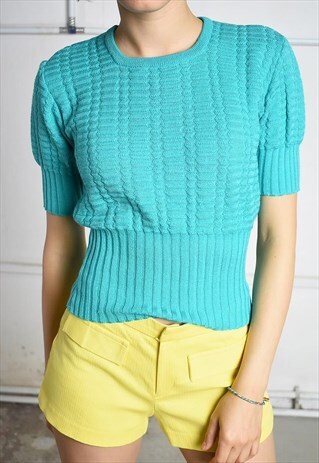 VINTAGE 80S RETRO PARIS CHIC KNIT TOP IN BLUE