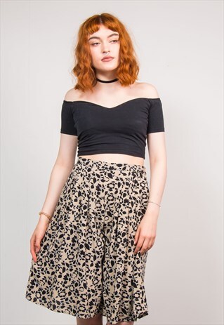 90'S RETRO BEIGE LEAF PATTERN CULOTTES SHORTS