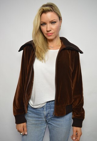 VINTAGE 90S BROWN VELVET BOMBER JACKET PREPPY GRUNGE RETRO