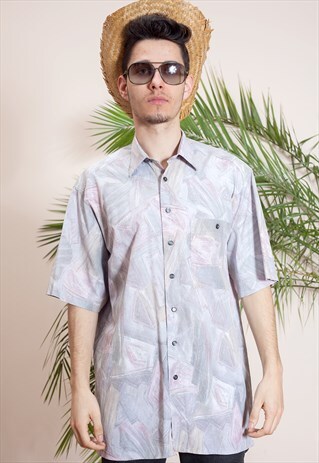 MENS VINTAGE SHORT SLEEVE, ABSTRACT PRINT, BUTTON UP SHIRT
