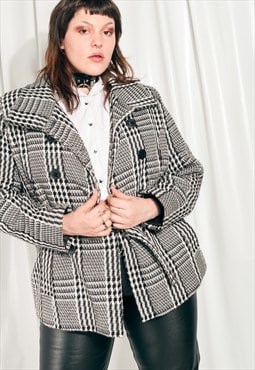 Vintage Winter Coat 90s Grey Houndstooth Plaid Grunge Jacket