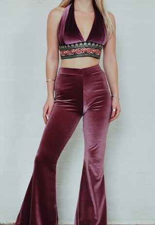 LILAC VELVET CO-ORD SET WITH FLARES AND HALTERNECK