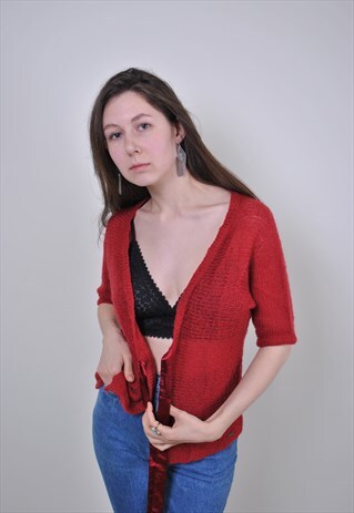 90S KNIT RED BLOUSE, VINTAGE WOMEN SHORT SLEEVE SHIRT