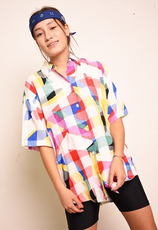 VINTAGE 90S RETRO MULTICOLOUR ABSTRACT PRINT BLOUSE TOP