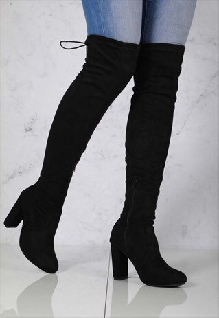 BLOCK HEEL SLIM OVER KNEE BOOT IN BLACK SUEDE