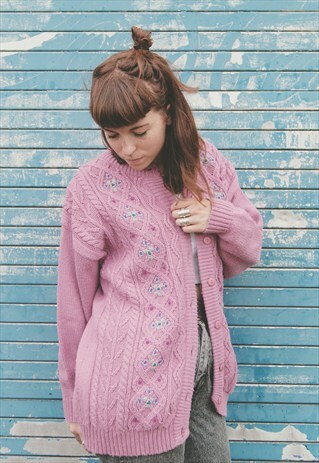 VINTAGE 80'S PASTEL KNIT ARAN FLORAL CARDIGAN
