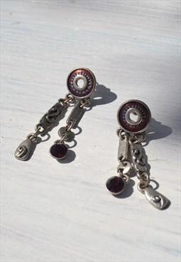 Deadstock silver metallic/enamel/purple crystal earrings