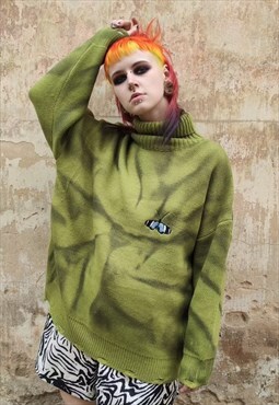 Tie-dye knitted sweater butterfly patch turtle jumper green