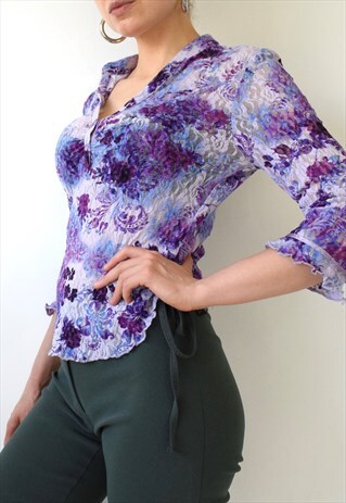 VINTAGE 90S Y2K SHEER MESH LILAC FLORAL LETTUCE RUCHED SHIRT