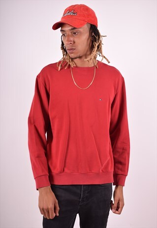 TOMMY HILFIGER MENS VINTAGE SWEATSHIRT JUMPER LARGE RED 90S