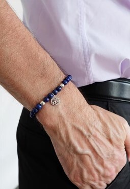 Tree Of Life Charm with Lapis Power Bead Bracelet Men Silver