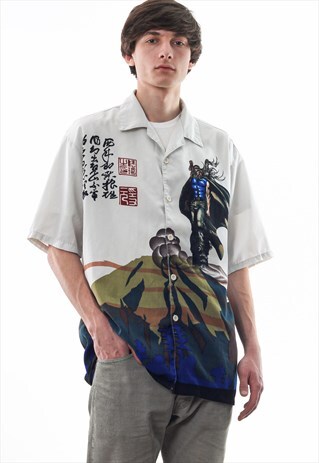 VINTAGE ANIME GRAPHIC PRINTED HAWAIIAN 90S WHITE BLUE GREEN