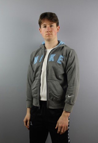 VINTAGE NIKE HOODIE IN GREY WITH EMBROIDERED LOGO. FITS A SI