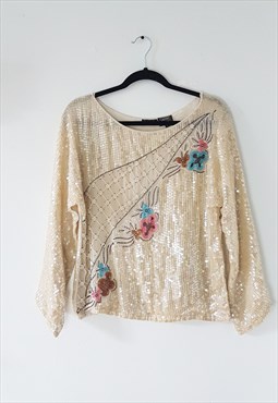 Vintage Iridescent Flower White Sequin Top