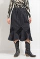 Vintage midi denim skirt frilled in grey