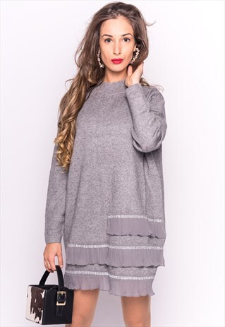 GREY JUMPER WITH CRYSTAL TRIM & CHIFFON HEM