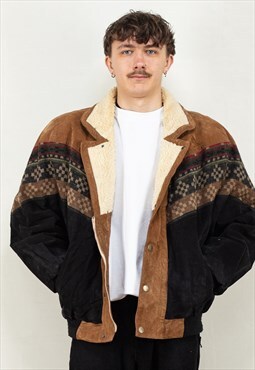 Vintage 90's Men Aztec Bomber Jacket in Brown