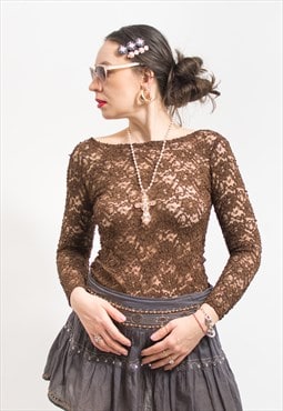 Vintage lace top sheer blouse brown transparent