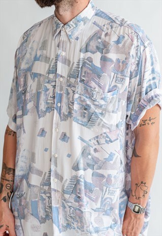 VINTAGE 70S BOHO FUNKY SHIRT IN PASTEL BLUE