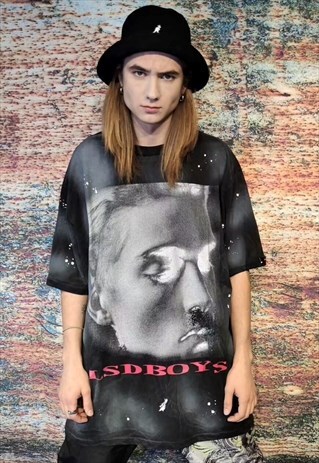 Grunge graffiti tee creepy print tie-dye t-shirt fade black