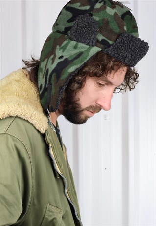 VINTAGE CAMO WINTER TRAPPER FLEECE HAT BORG LINED