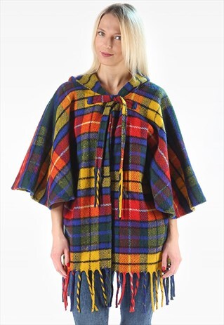 HOODED CAPE BLANKET WOOL JACKET PLAID FRINGED