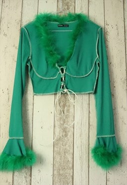 Vintage Y2K Green Crop Cropped Raw Hem Fluffy Blouse Top
