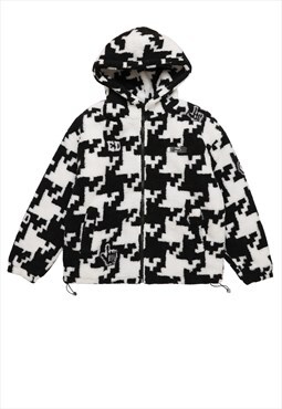 Hound-tooth fleece jacket check pattern fluffy bomber black