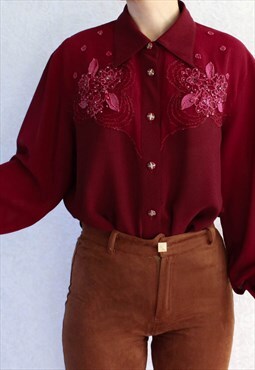Vintage Blouse Dark Red Embroidery Beadwork M T692.2