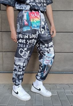 Pride joggers LGBT gay pants graffiti love overalls in black