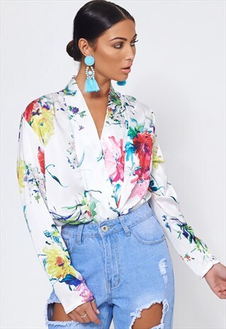MABEL WHITE FLORAL SATIN BODYSUIT
