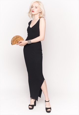 SLEEVELESS RIBBED KNIT BODYCON DRESS WITH SIDE SPLIT BLACK