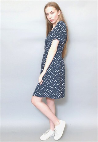 VINTAGE 1990'S NAVY BLUE AND WHITE POLKA DOT MINI DRESS