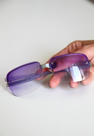 VINTAGE SILVER HALF RIMLESS FRAME, PURPLE LENSES