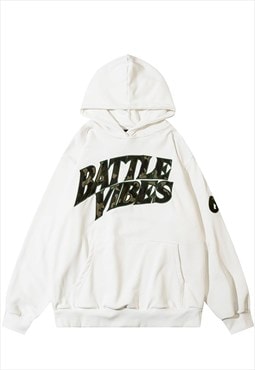 Battle slogan hoodie skater pullover grunge patch top white
