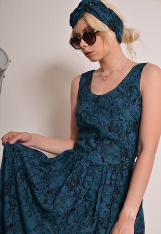 VINTAGE 90S GRUNGE FLORAL DRESS IN PEACOCK GREEN BLUE