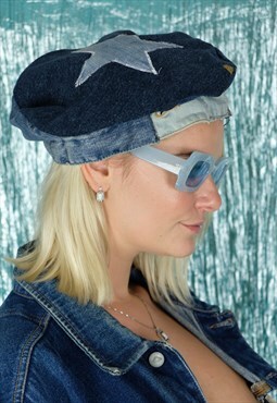 Reworked denim beret hat star print recycled french hat