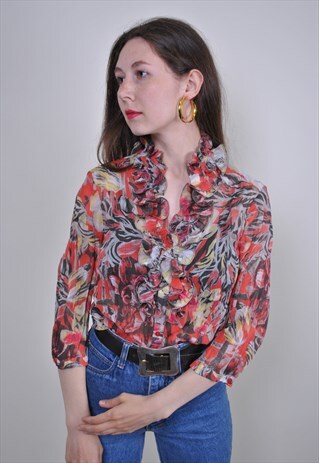 80S MULTICOLOR FLORAL RUFFLED BLOUSE, SIZE S