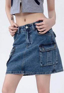Cargo pocket mini denim skirt in vintage wash blue