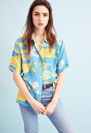 90'S RETRO PASTEL ABSTRACT PRINT OVERSIZED SHIRT BLOUSE TOP